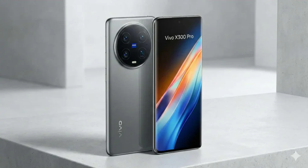 Vivo X300 Pro'nun Zeiss imzalı büyük dairesel kamera modülünü ve ön ekran tasarımını gösteren stüdyo fotoğrafı.