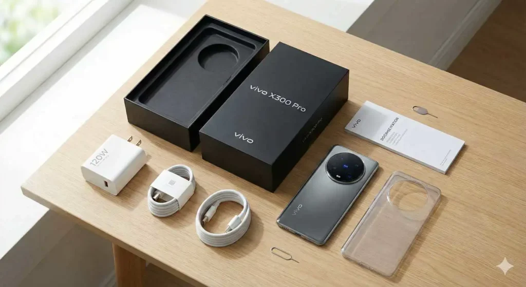 Vivo X300 Pro'nun kutu içeriğini, 120W şarj adaptörünü, kablosunu ve kılıfını gösteren üstten çekim fotoğrafı.