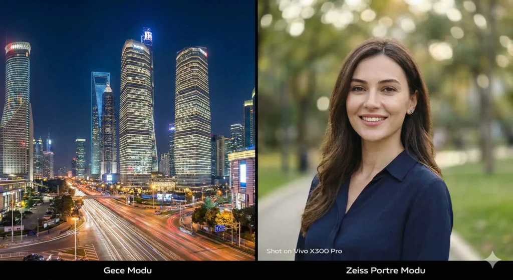 Vivo X300 Pro ile çekilmiş, sol tarafta detaylı bir gece şehir manzarası ve sağ tarafta Zeiss bokeh efektli bir portre fotoğrafı karşılaştırması.